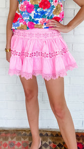 Pink Eyelet Trim Mini Skirt