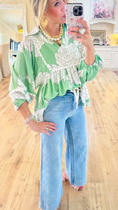 Green Floral Print Scallop Trim Blouse