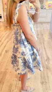 Blue and Cream Toile Mini Dress