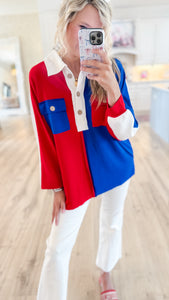 Red, White and Blue Colorblock Top