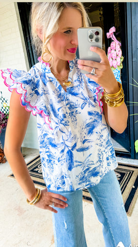 Pink and Blue Leaf Print Top