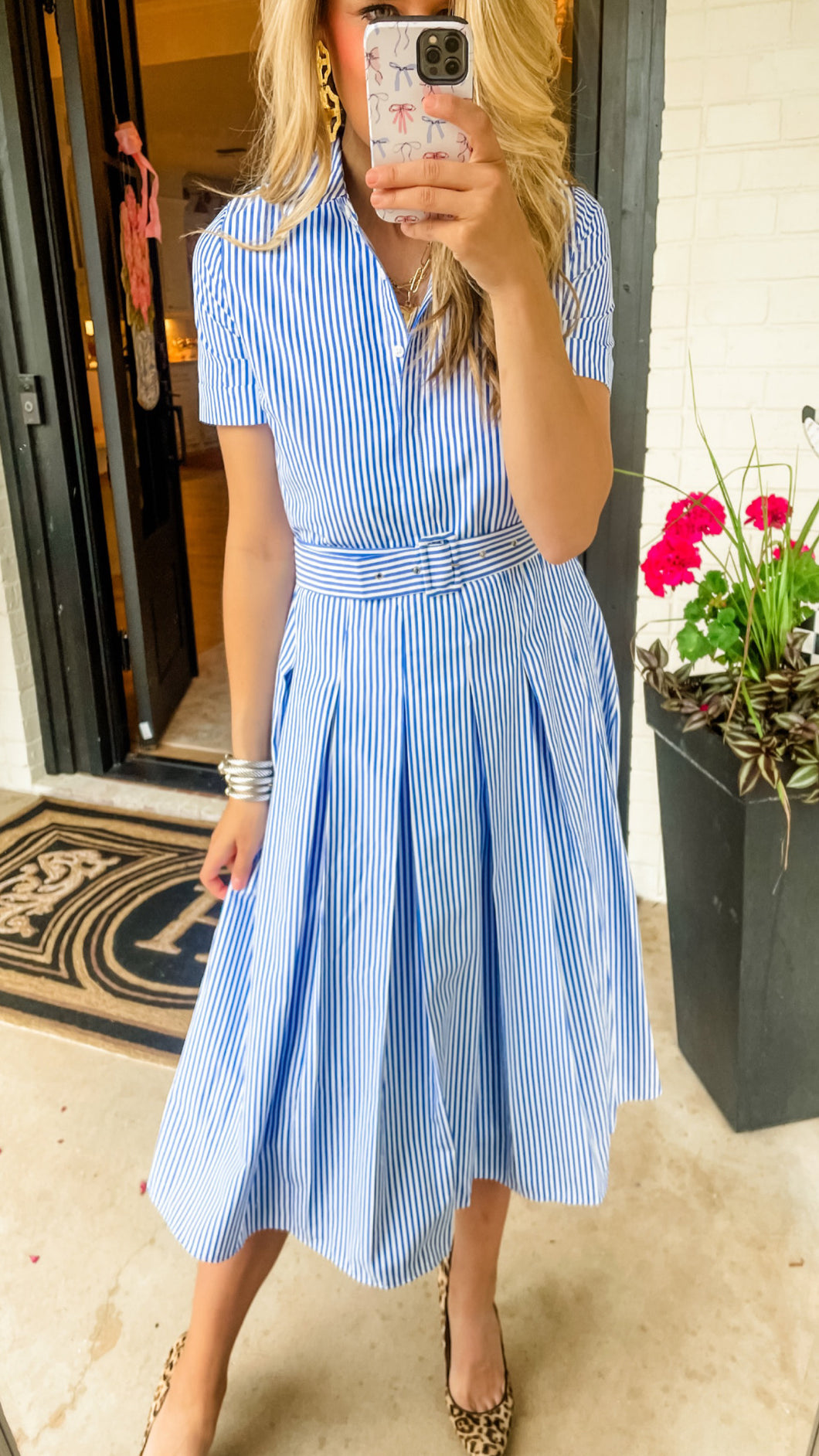 Blue Striped Belted Midi Dress