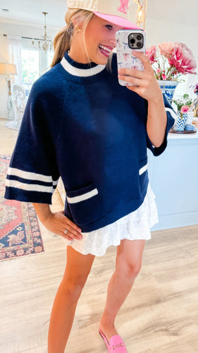 Navy Solid Knit Pullover Top with Pockets