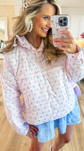 Light Pink Flower and Bow Printed Pullover Puffer