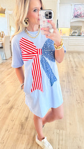 Sky Blue American Flag Bow Graphic Dress