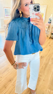 Denim Peasant Sleeve Ruffle Top