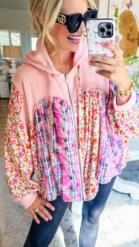 Pink Shirring Ruffle Zip Up Hoodie