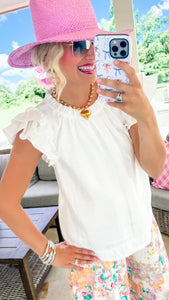 Glossy White Ruffle Cap Sleeve Top