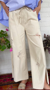 Natural Wide Leg Distressed Pants