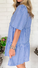 Blue Stripe Split Neck Mini Dress