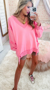 Light Pink Mineral Washed V Neck Oversized Sweater