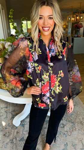 Black Floral Print Sheer Sleeve Top