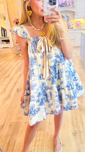 Blue and Cream Toile Mini Dress