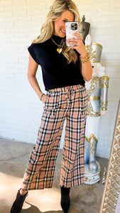 Taupe Plaid Fringed Pants