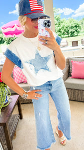 Off White and Denim Star Patch Top