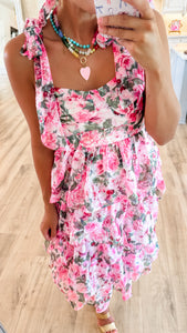 Pink Floral Tiered Midi Dress