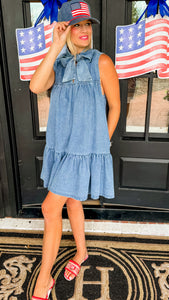 Light Denim Sleeveless Bow Mini Dress