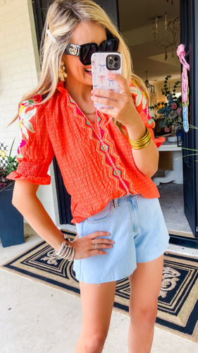 THML Orange Embroidered Puff Sleeve Top