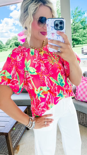 Fuchsia Floral Printed Bubble Sleeve Top