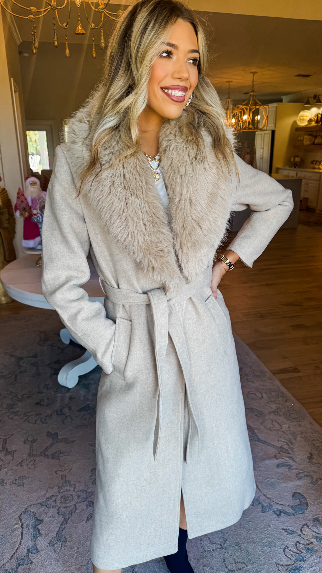 Cream coat with fur best sale