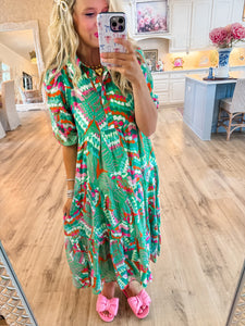 Green Abstract Printed Button Up Midi Dress