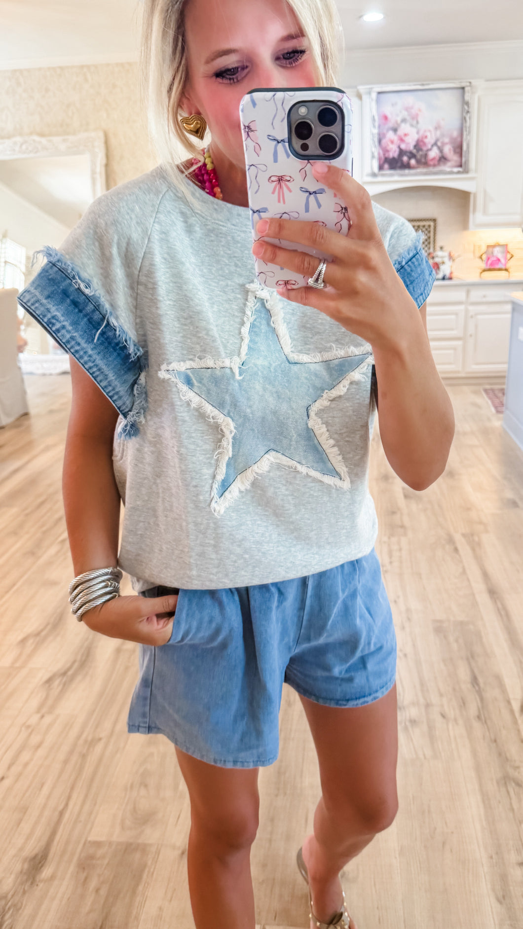 Heather Grey and Denim Star Patch Top