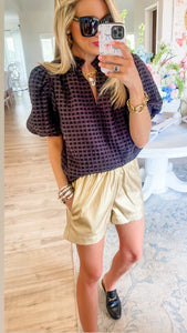 Gold Leather Elastic Wasit Shorts