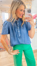 Dark Denim Peasant Sleeve Ruffle Top