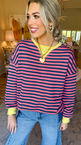 Mustard, Navy and Coral Contrast Hem Stripe Sweatshirt