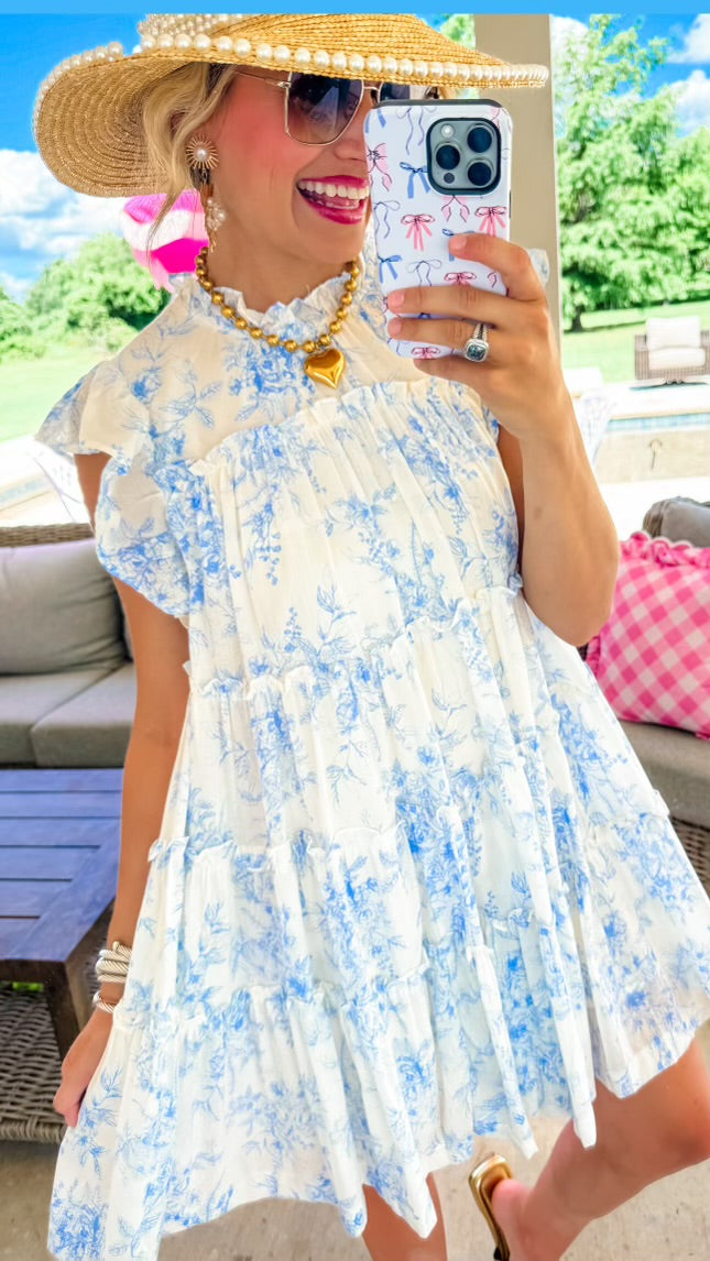 Off White and Baby Blue Floral Print Babydoll Dress