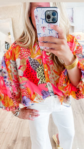 Ivory and Pink Printed Chiffon Bubble Sleeve Top