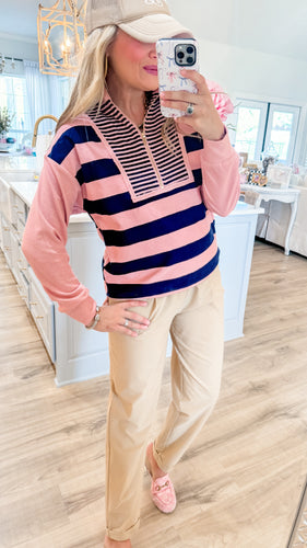 Mauve and Navy Striped Half Zip Top