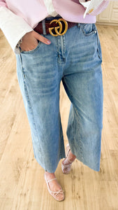 Washed Denim Side Pleated Jeans