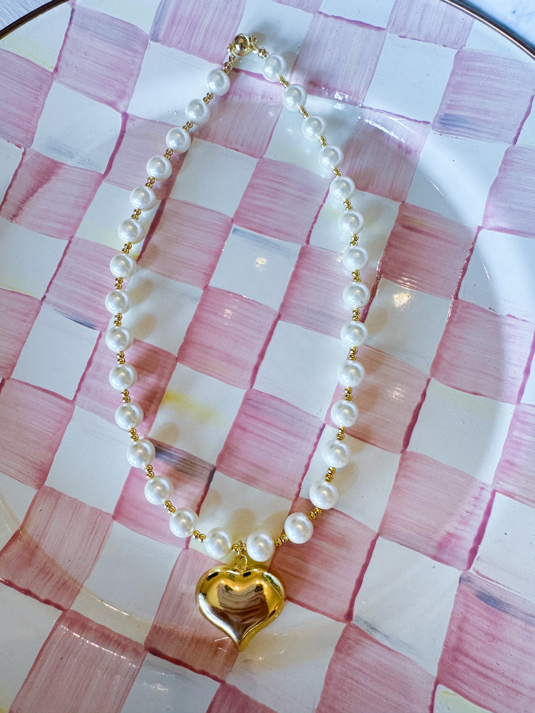 Gold Hearted Pearl Necklace