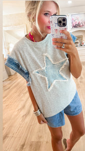 Heather Grey and Denim Star Patch Top