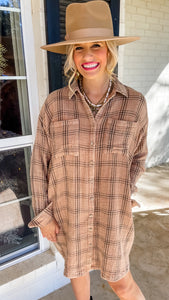 Mocha Plaid Mineral Washed Shirt Dress