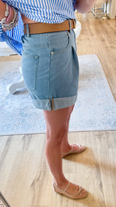 #8 Light Denim High Waisted Front Pleated Shorts