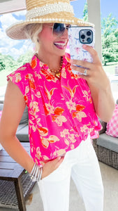 Hot Pink Multi Print Sleeveless Button Down Top