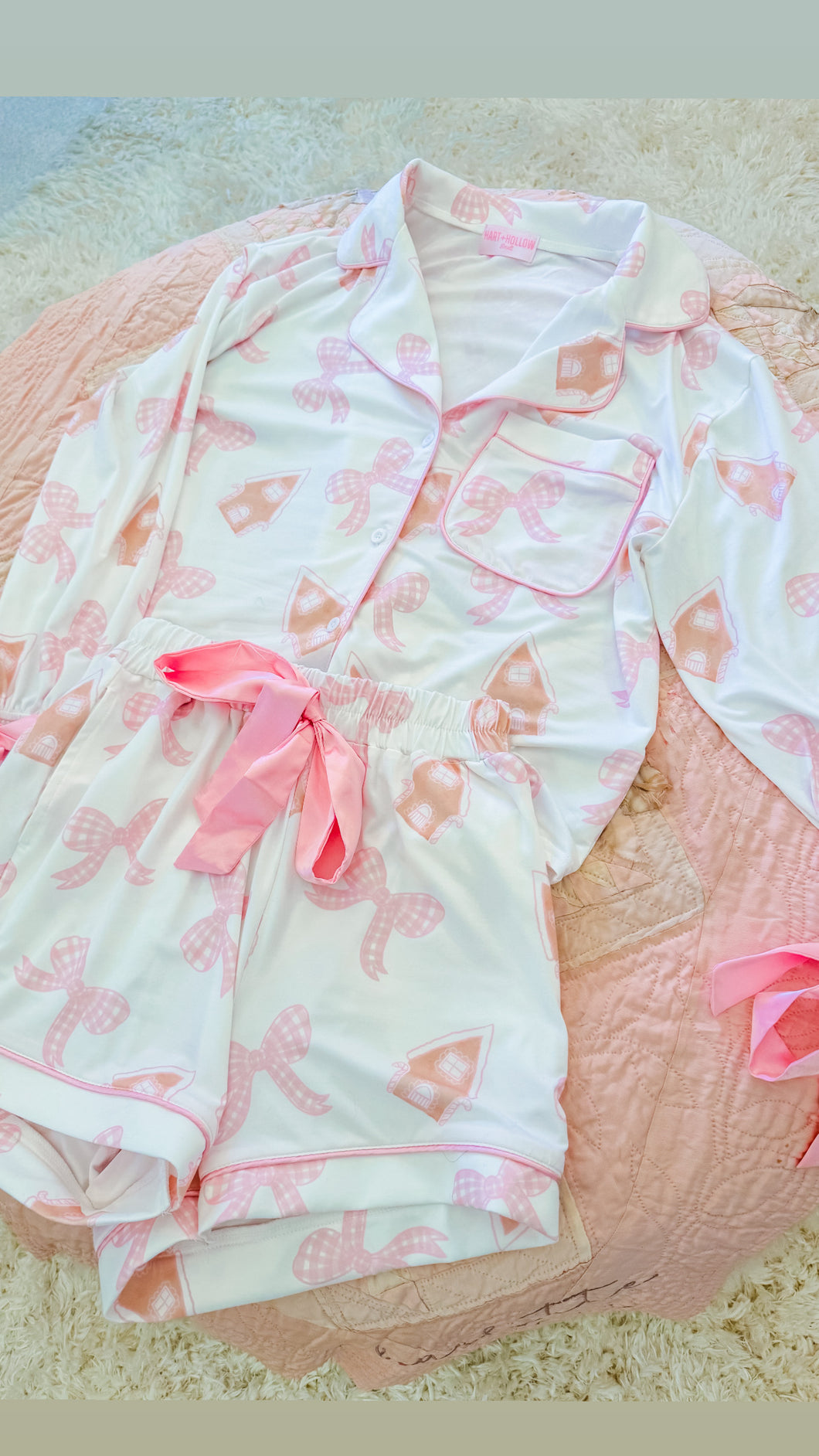 Pink and Cream Gingerbread and Bow Pajamas Set