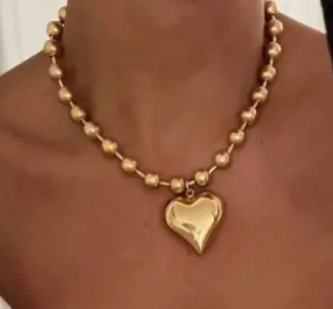 Gold Heart Bead Chain Necklace