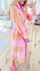 Pink and Orange Stripe Midi Dress