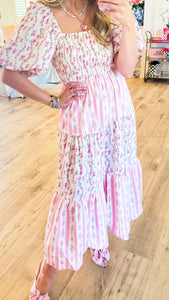 Pink Multi Floral Mixed Print Bubble Maxi Dress