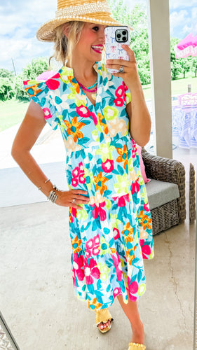 Fuchsia Multi Floral Tiered Midi Dress