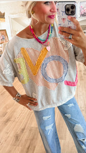 Light Blue LOVE Patchwork Top