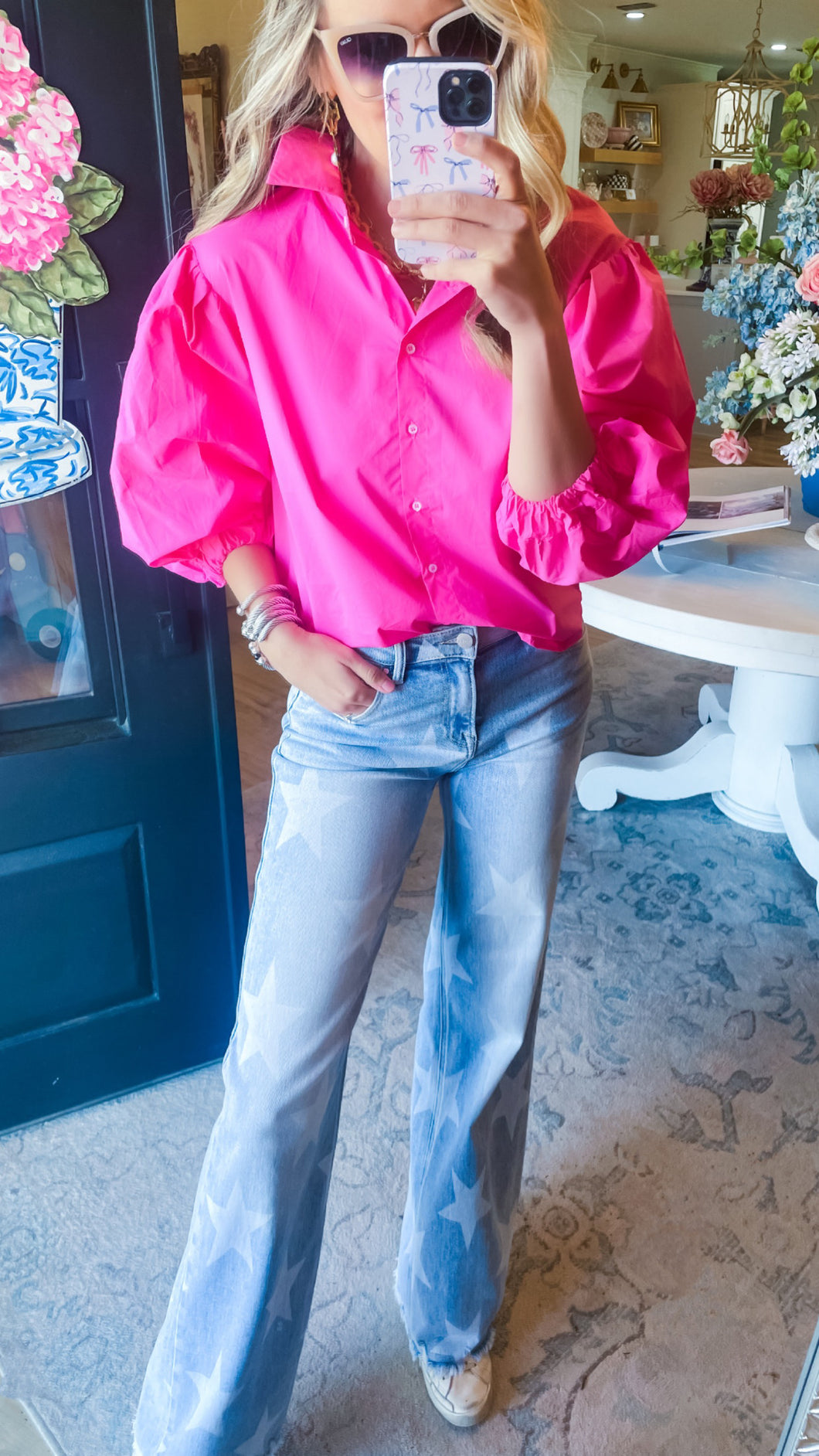 Pink Bubble Sleeve Button Up Top