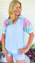 Blue Leopard Embroidered Sleeve Top