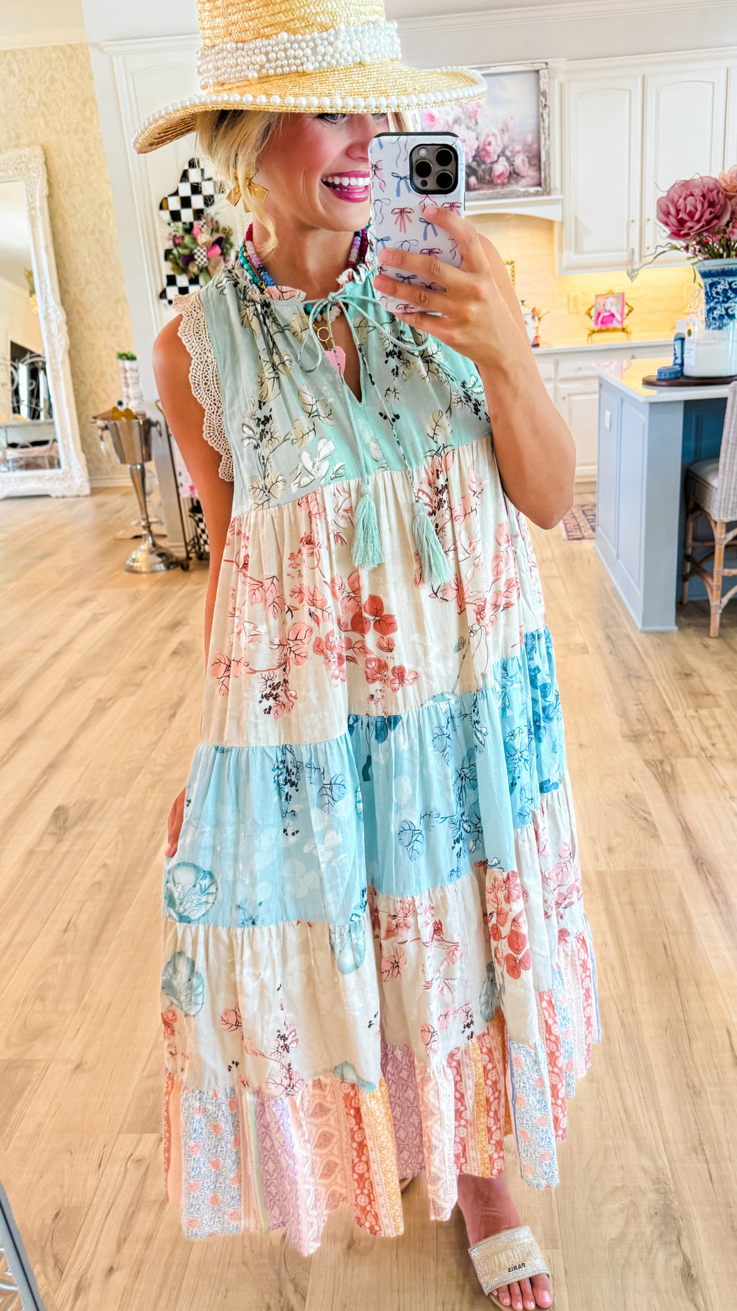 Sage Multi Print Colorblock Maxi Dress