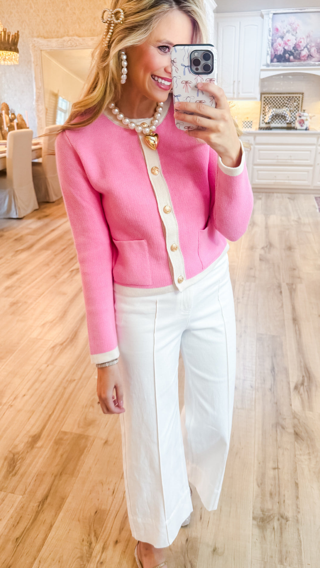 Pink and White Contrast Cardigan