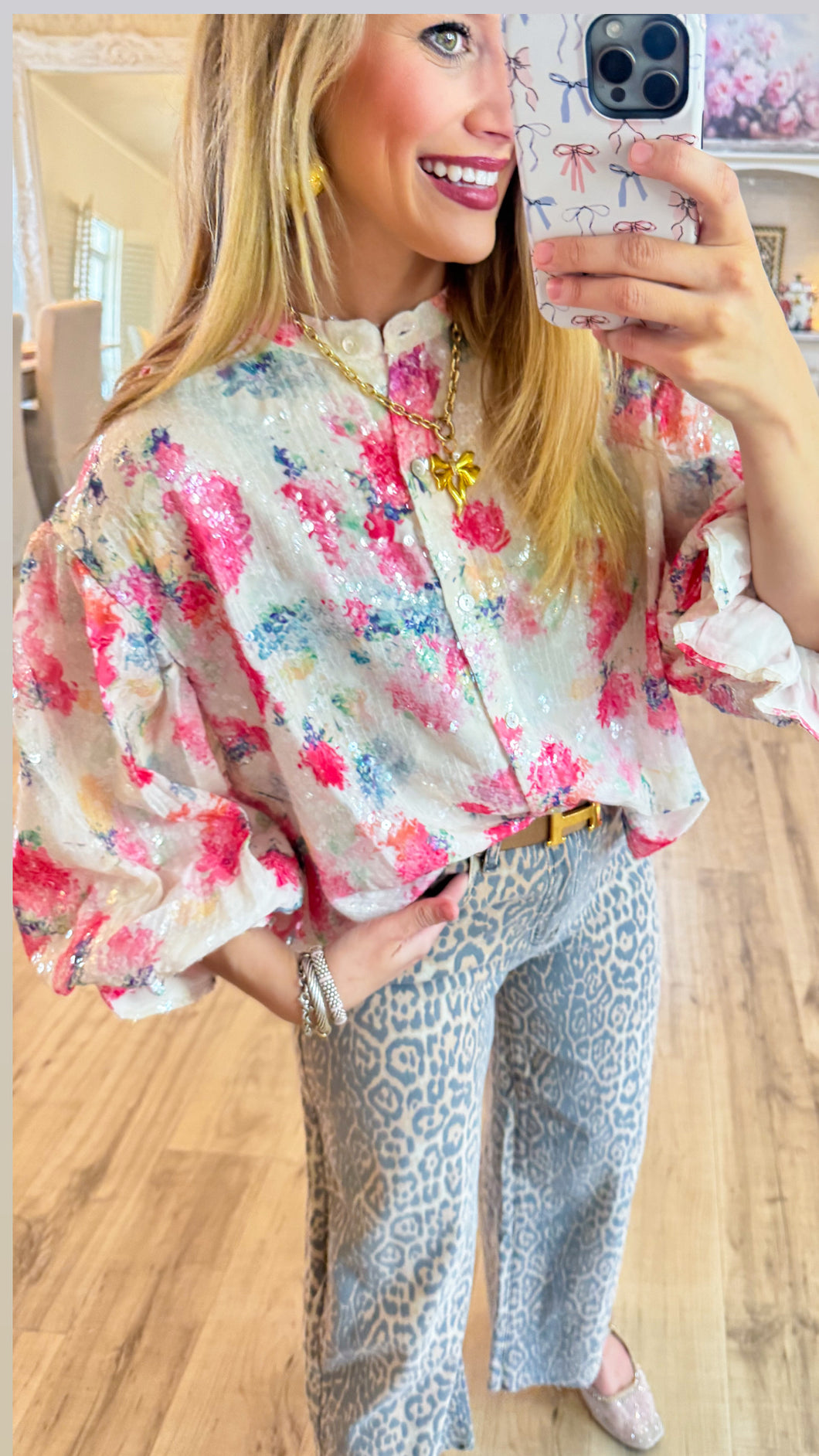 Cream and Pink Sequin Floral Print Top