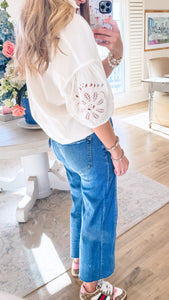 White Cut Out Embroidered Bubble Sleeve Top